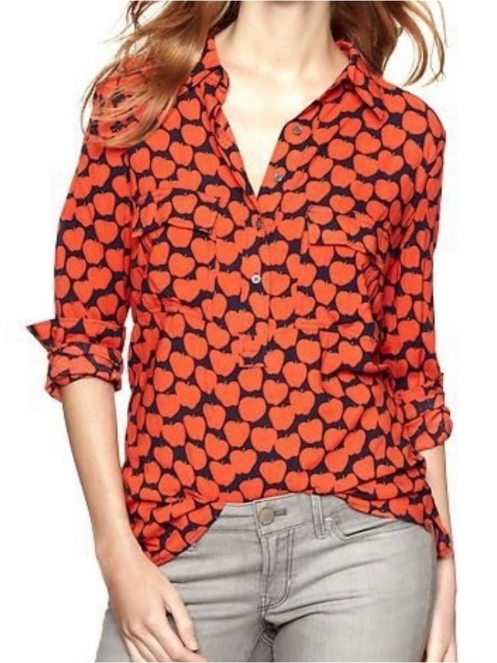 GAP Apple Print Fitted Boyfriend Shirt Popover Sz XS